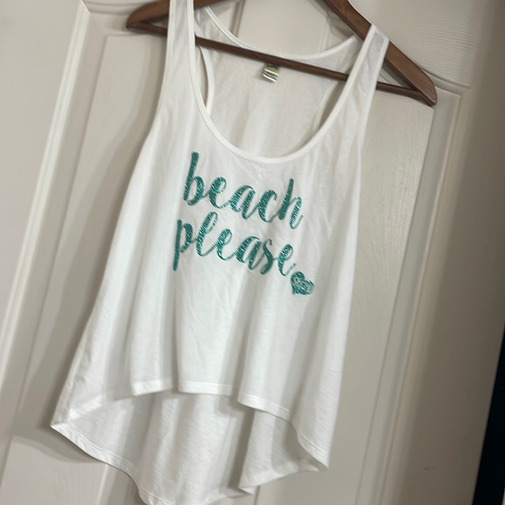 “Beach Please” Cute White Tank Top Women’s Small
